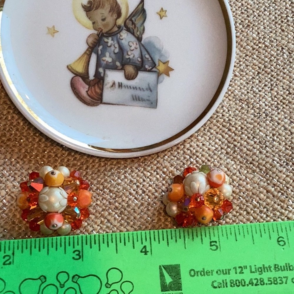 German ORANGE CRYSTALS,GLASS BEADS & PEARL EARRINGS VINTAGE BEAUTIES